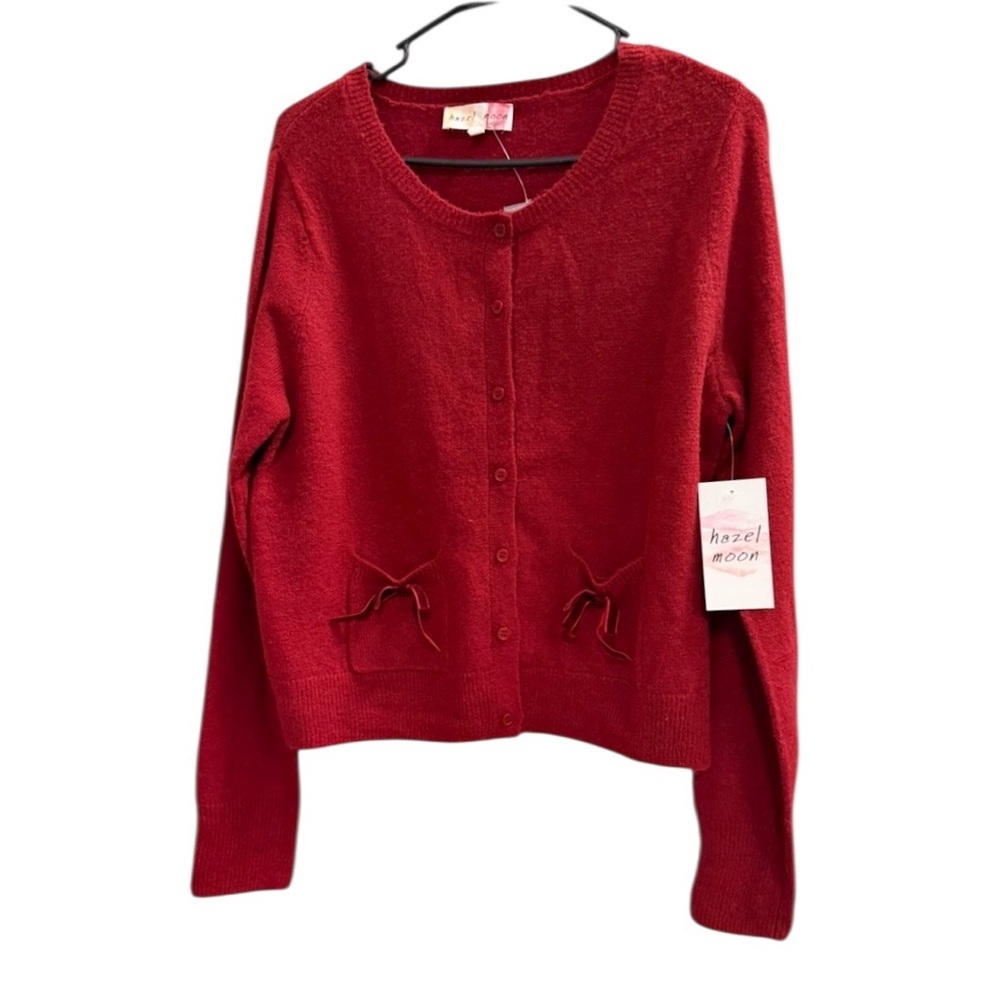 NWT HAZEL MOON Button Front Cardigan with Bow Pockets Deep Red Size XL